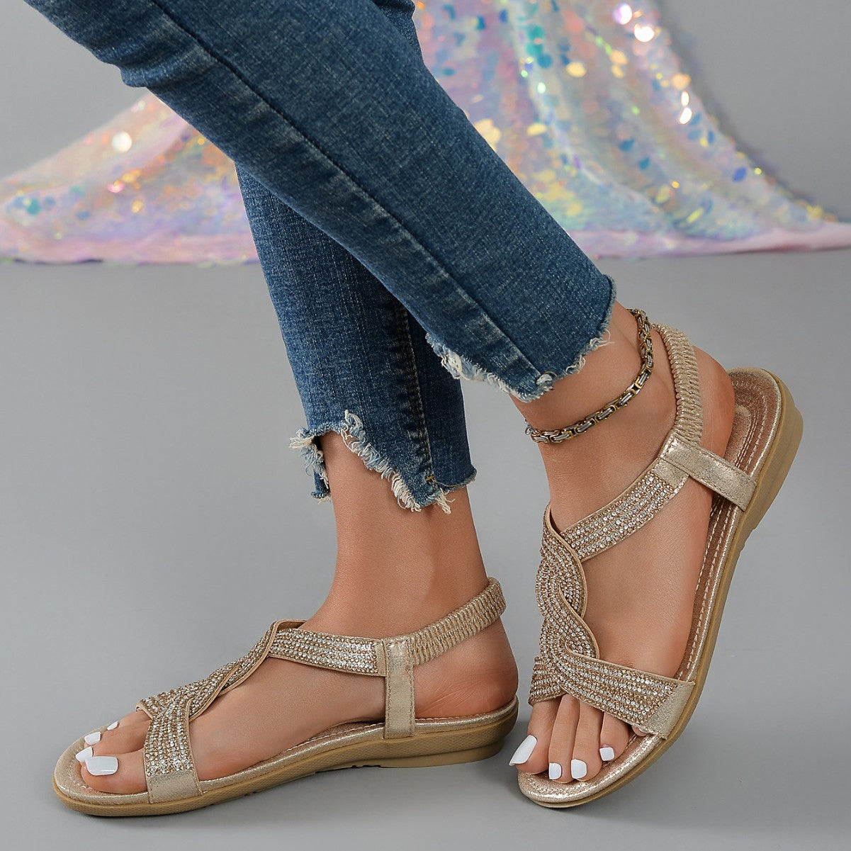 Summer women's rhinestone outdoor casual flat sandals