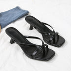 2026 new women's black square toe thong high heel sandals