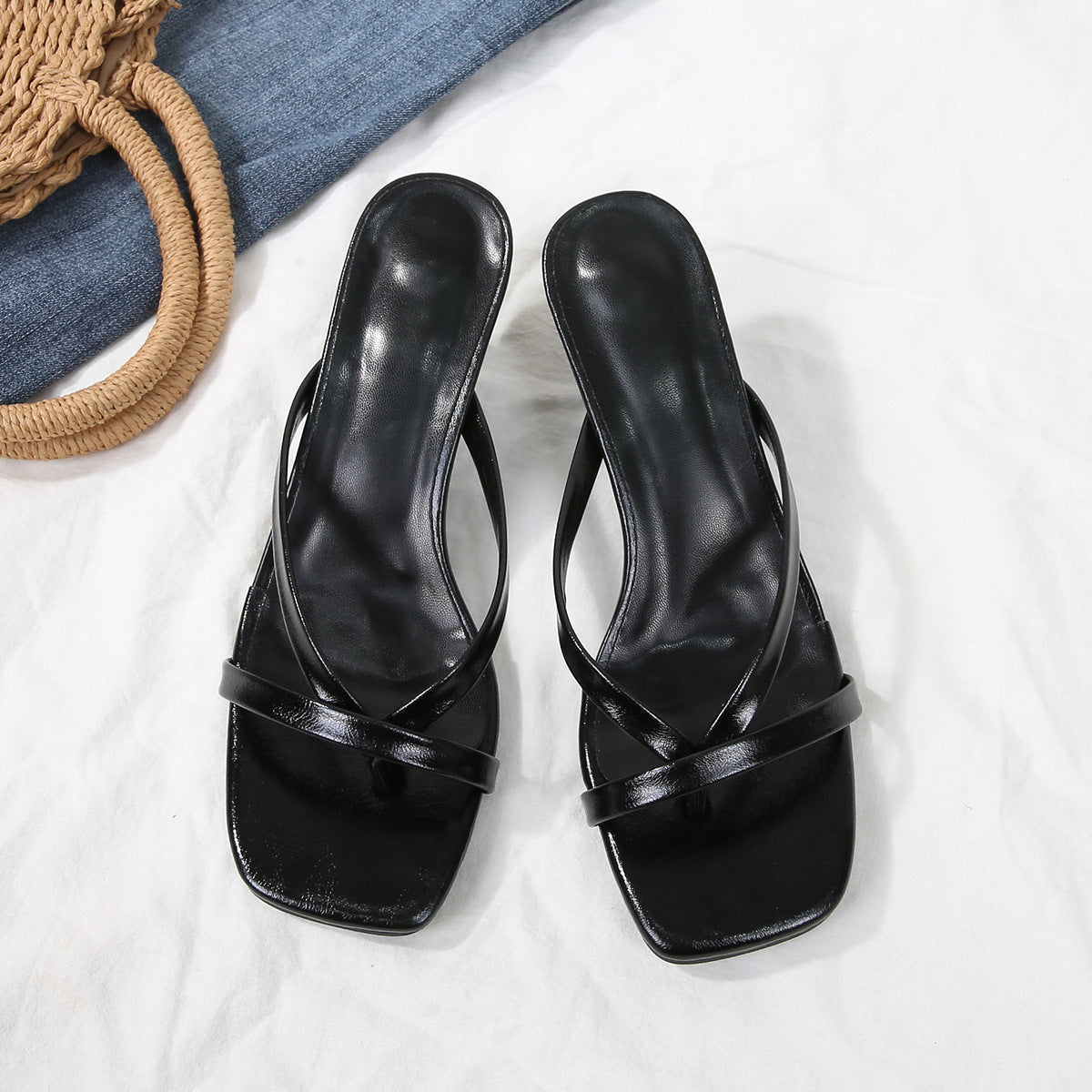 2026 new women's black square toe thong high heel sandals