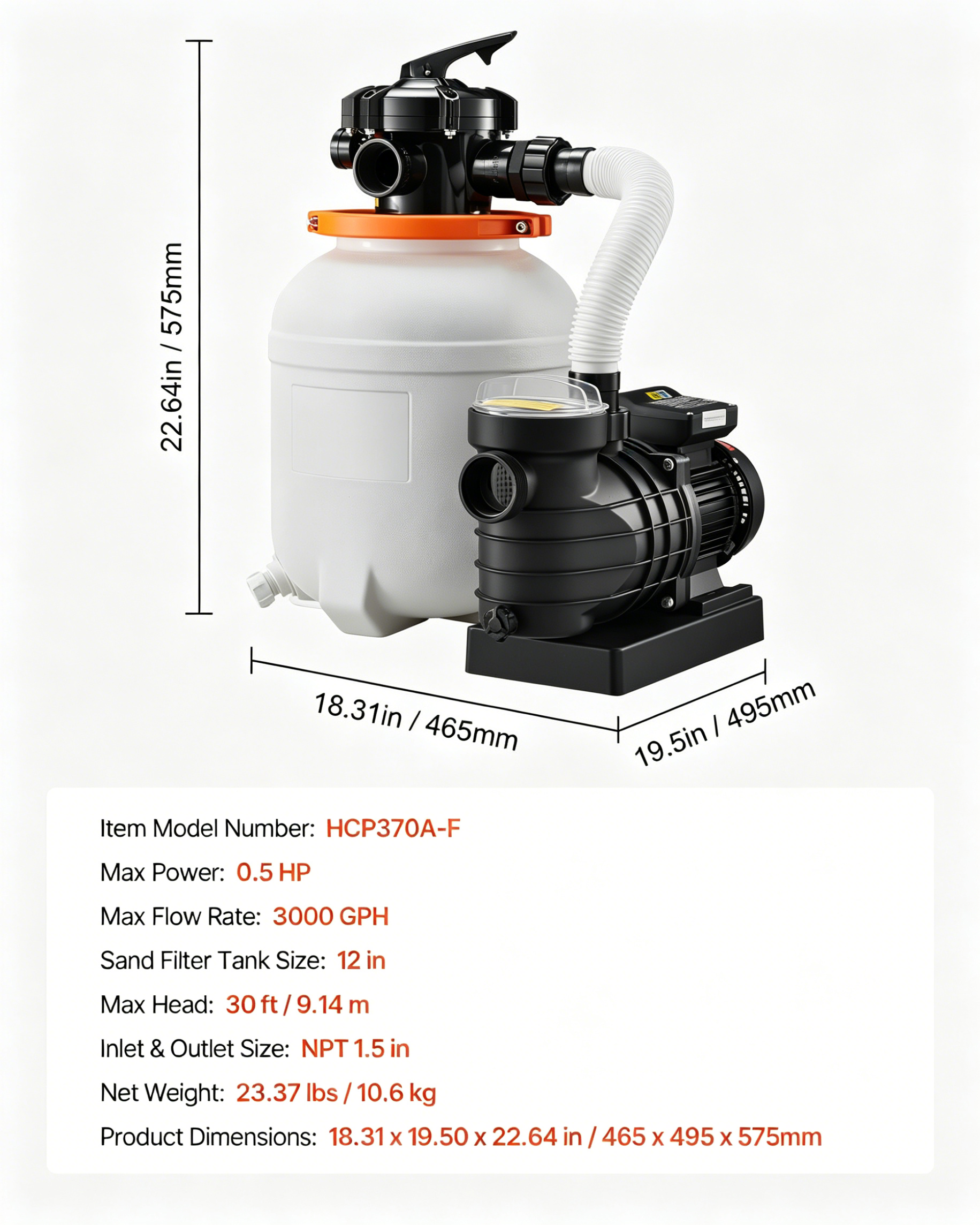 1HP Above Ground Pool Sand Filter Pump – 12/14/16 Inch, Timer