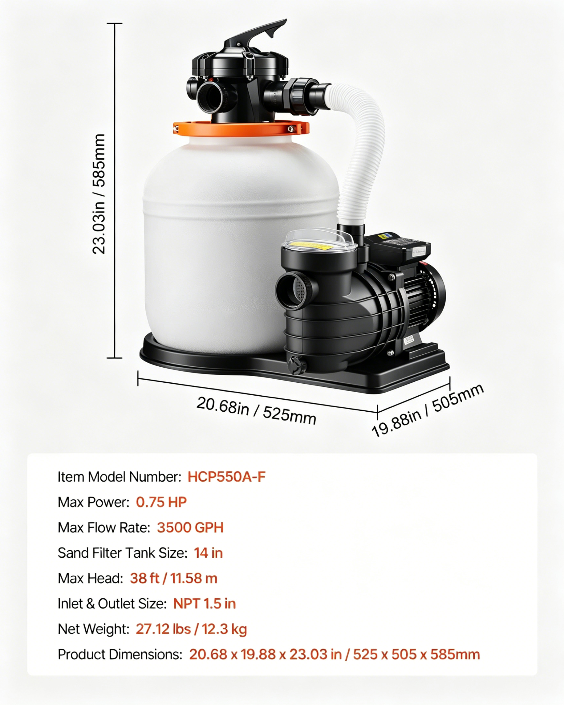 1HP Above Ground Pool Sand Filter Pump – 12/14/16 Inch, Timer