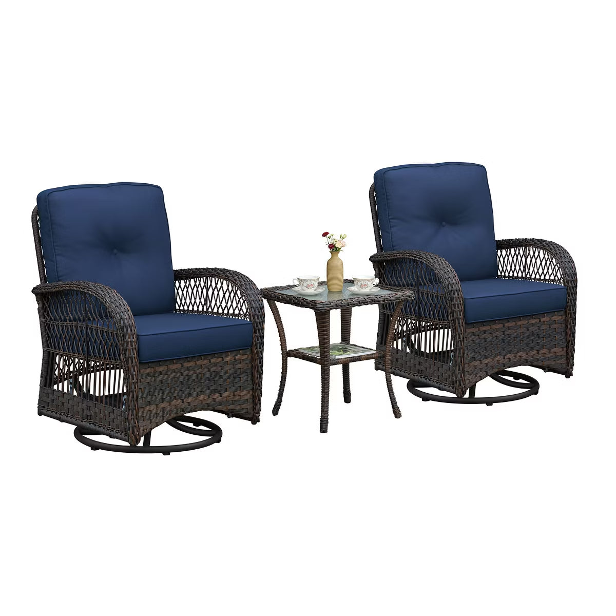 3-Piece Wicker Swivel Rocker Patio Set with Glass Side Table