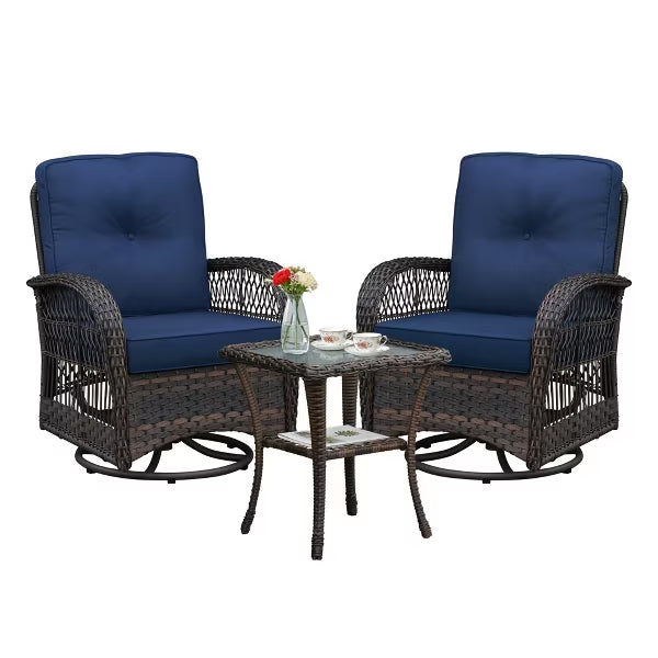 3-Piece Wicker Swivel Rocker Patio Set with Glass Side Table