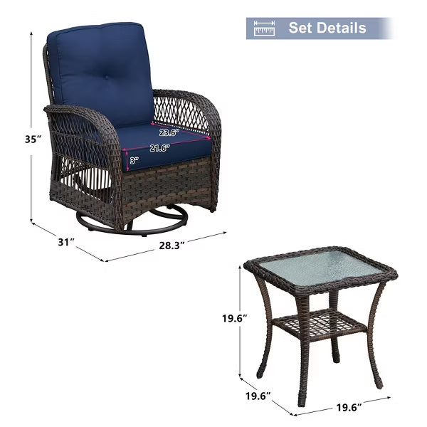 3-Piece Wicker Swivel Rocker Patio Set with Glass Side Table