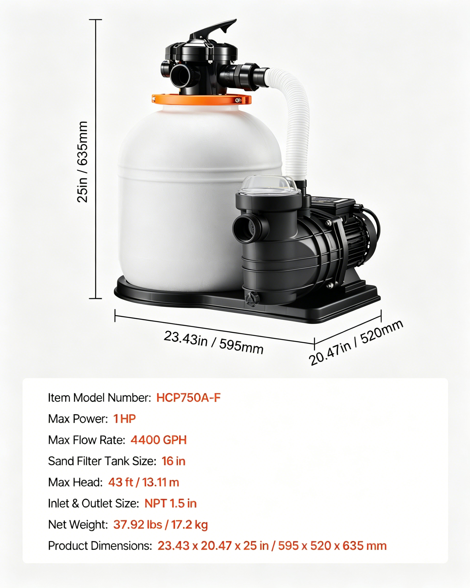 1HP Above Ground Pool Sand Filter Pump – 12/14/16 Inch, Timer